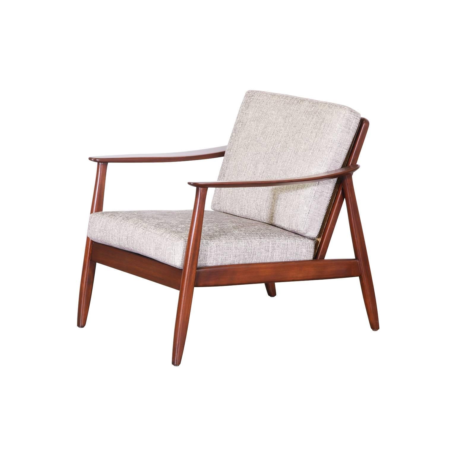 Designer: Folke Ohlsson
Manufacturer: Dux
Period/Style: Swedish Modern
Country: Sweden
Date: 1950’s

Dimensions: 22″H x 27″L x 28″W
Seat Height 16″
Materials: Walnut, Cane, Cotton Tweed Fabric
Condition: Excellent – Newly Refinished &