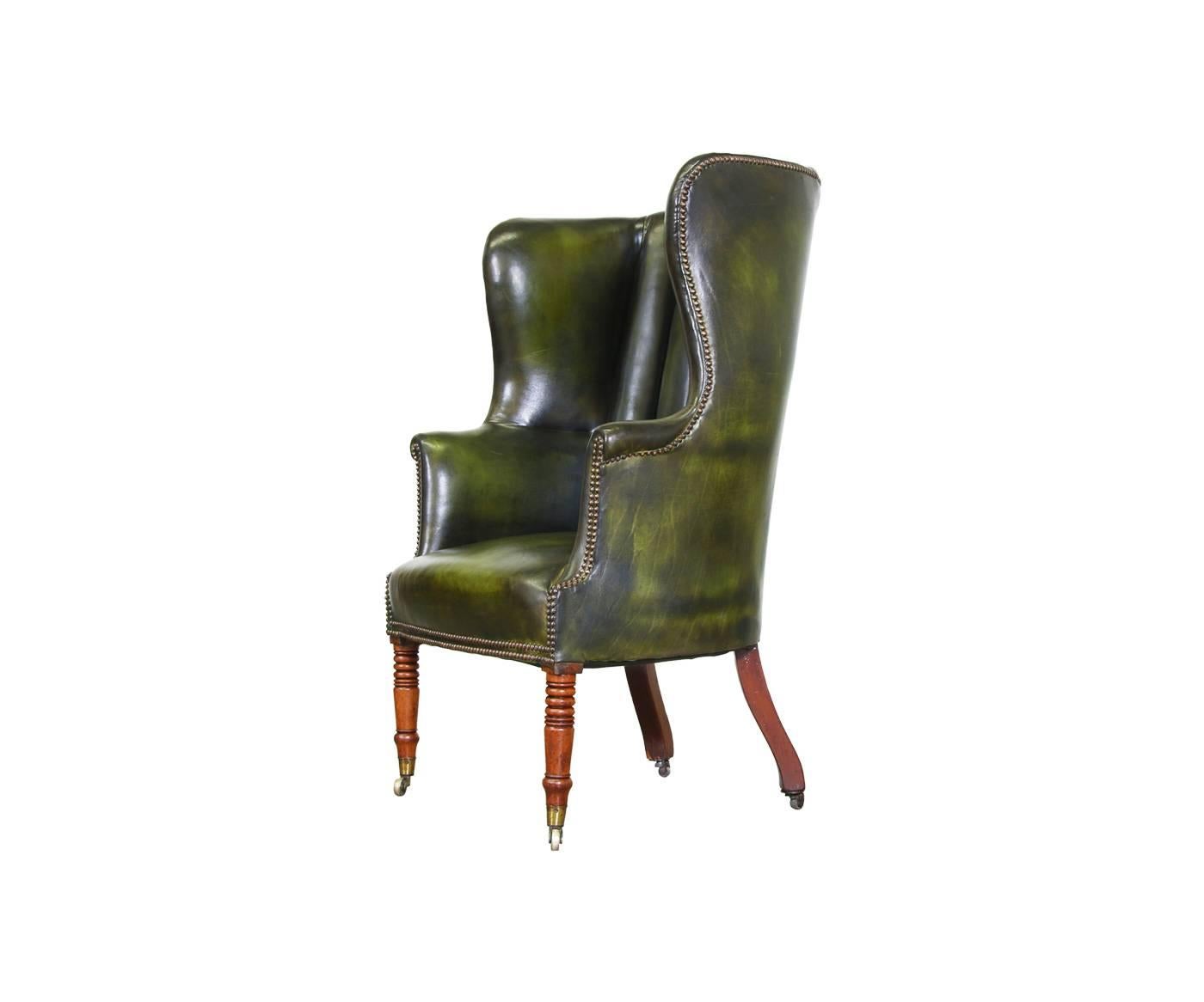 Mid-Century Modern Vintage Green Leather High Back Wing Chair