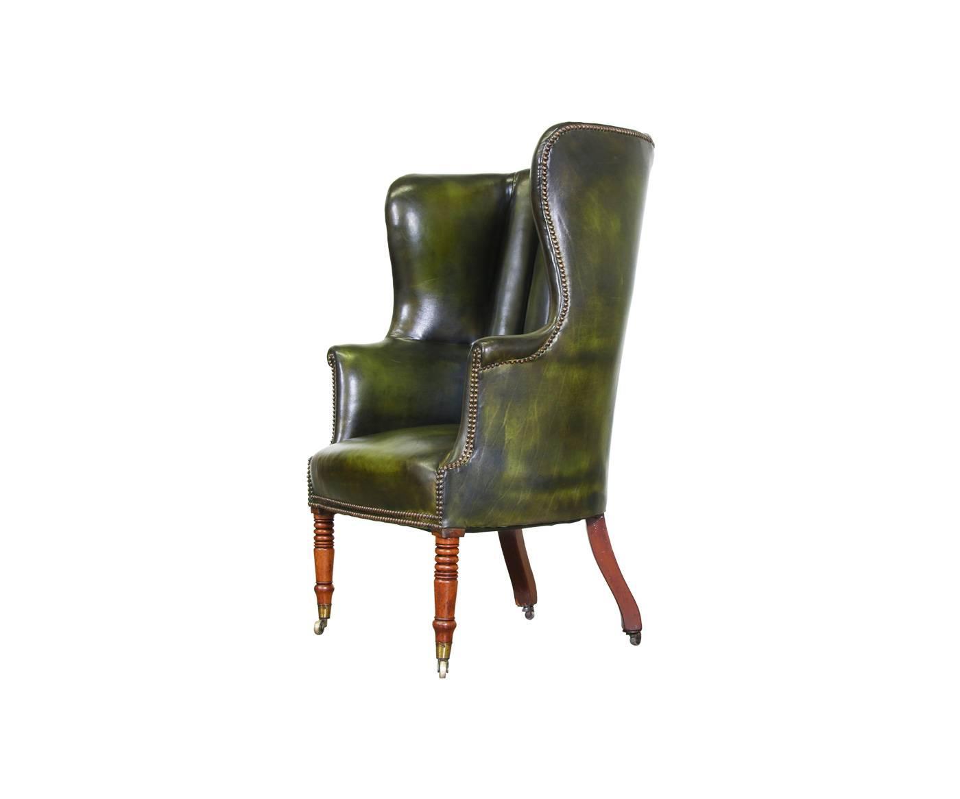 Vintage Green Leather High Back Wing Chair at 1stdibs