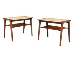 John Van Koert “Profile” Side Tables with Travertine Tops for Drexel