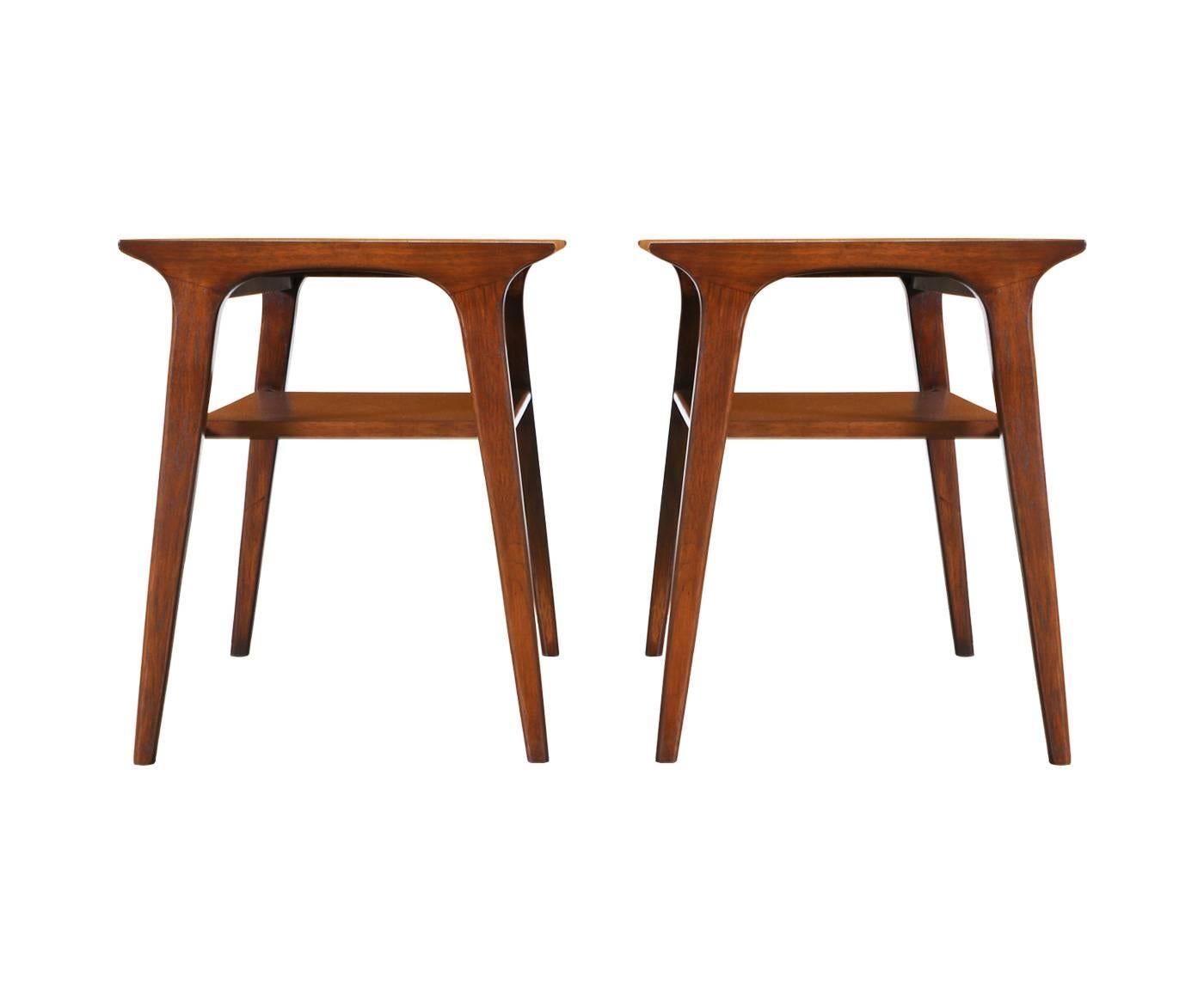 Mid-Century Modern John Van Koert “Profile” Side Tables with Travertine Tops for Drexel