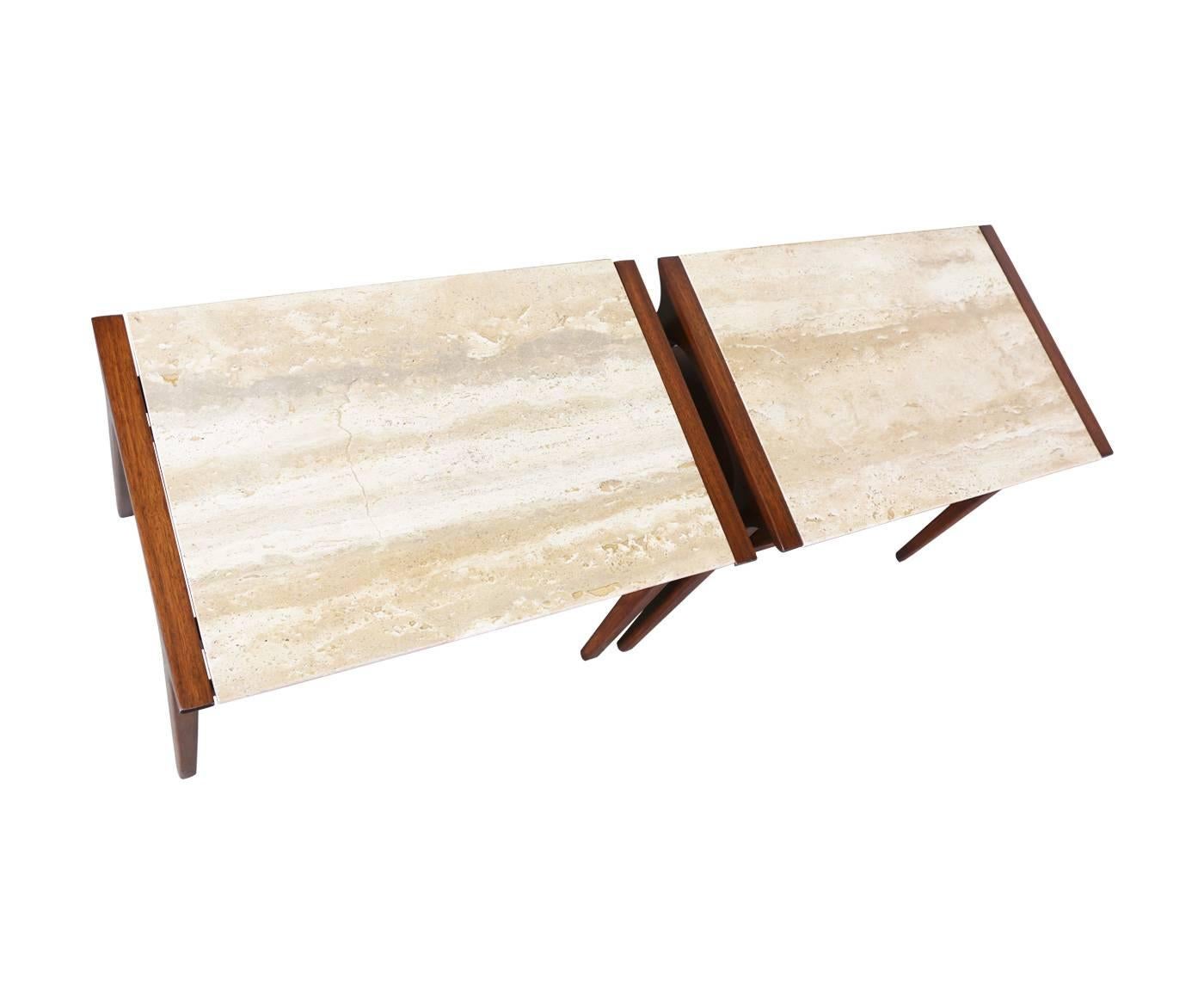 John Van Koert “Profile” Side Tables with Travertine Tops for Drexel In Excellent Condition In Los Angeles, CA