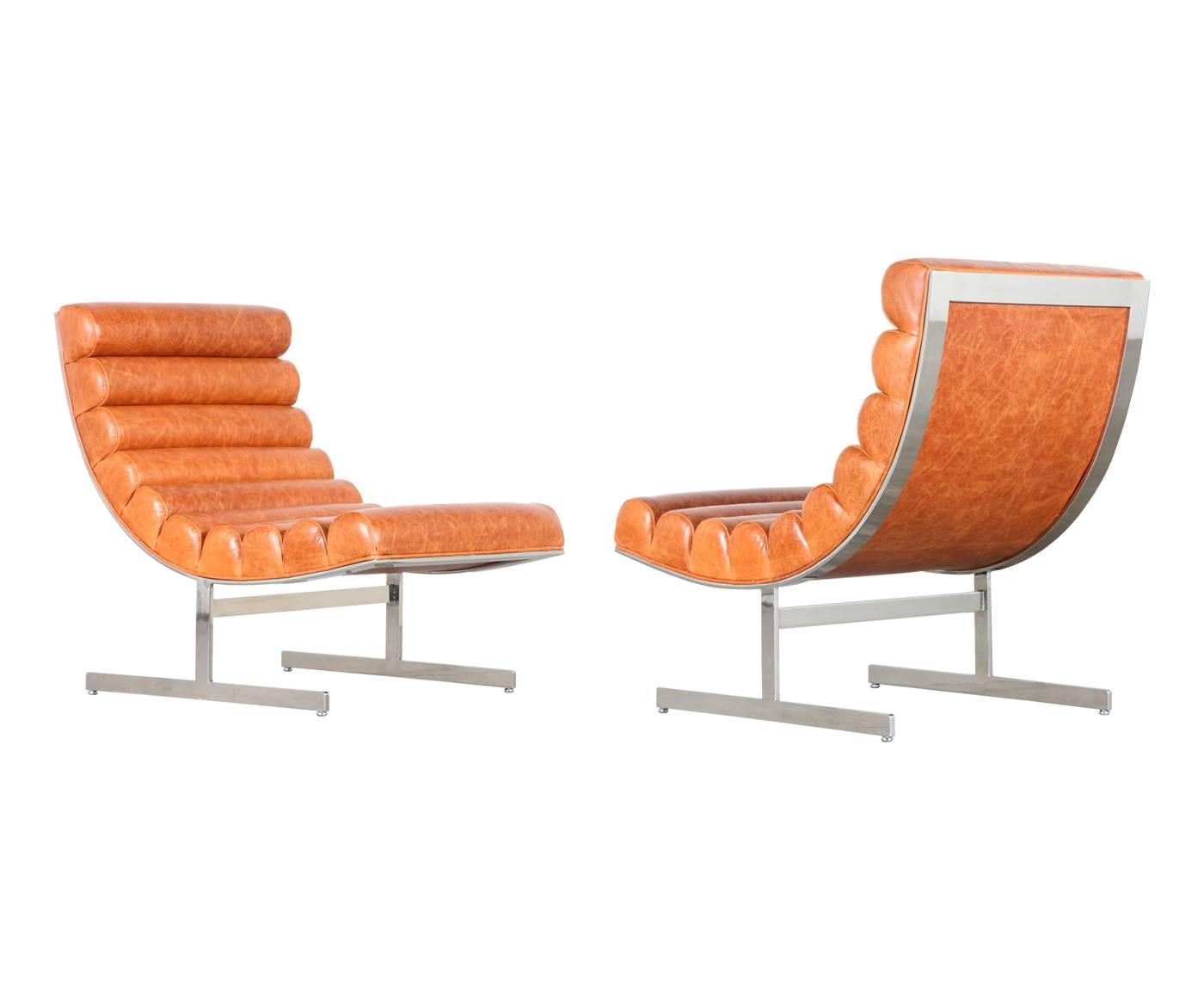 Mid-Century Modern Kipp Stewart Steel and Leather Lounge Chairs for Directional