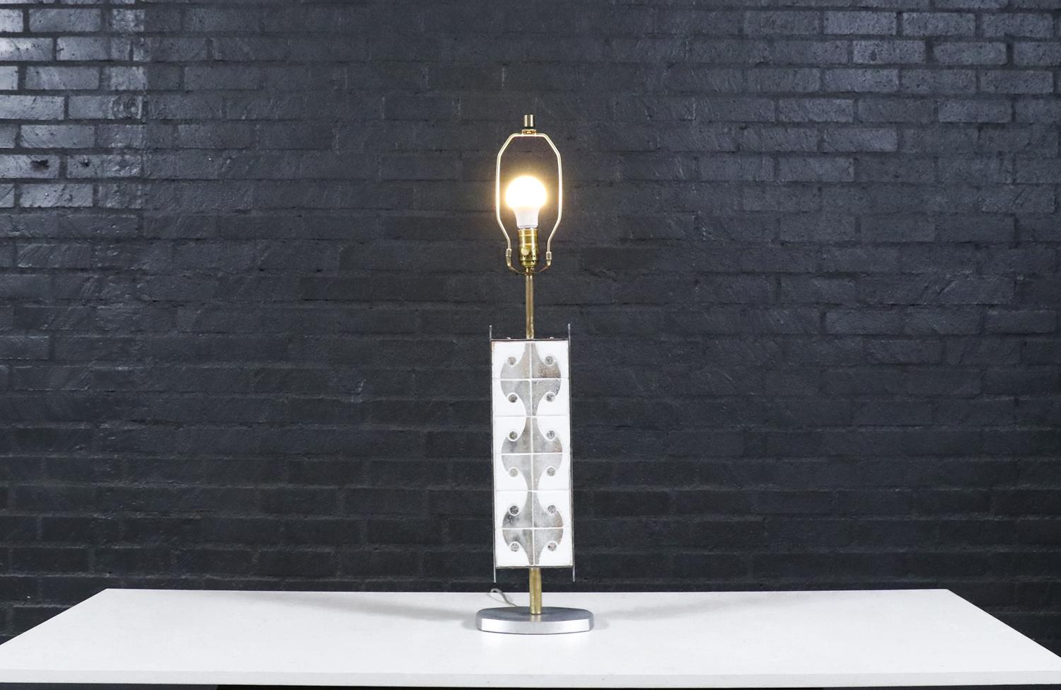 Patinated Expertly Restored - Mid-Century Modern Mosaic Tile & Steel Table Lamp For Sale