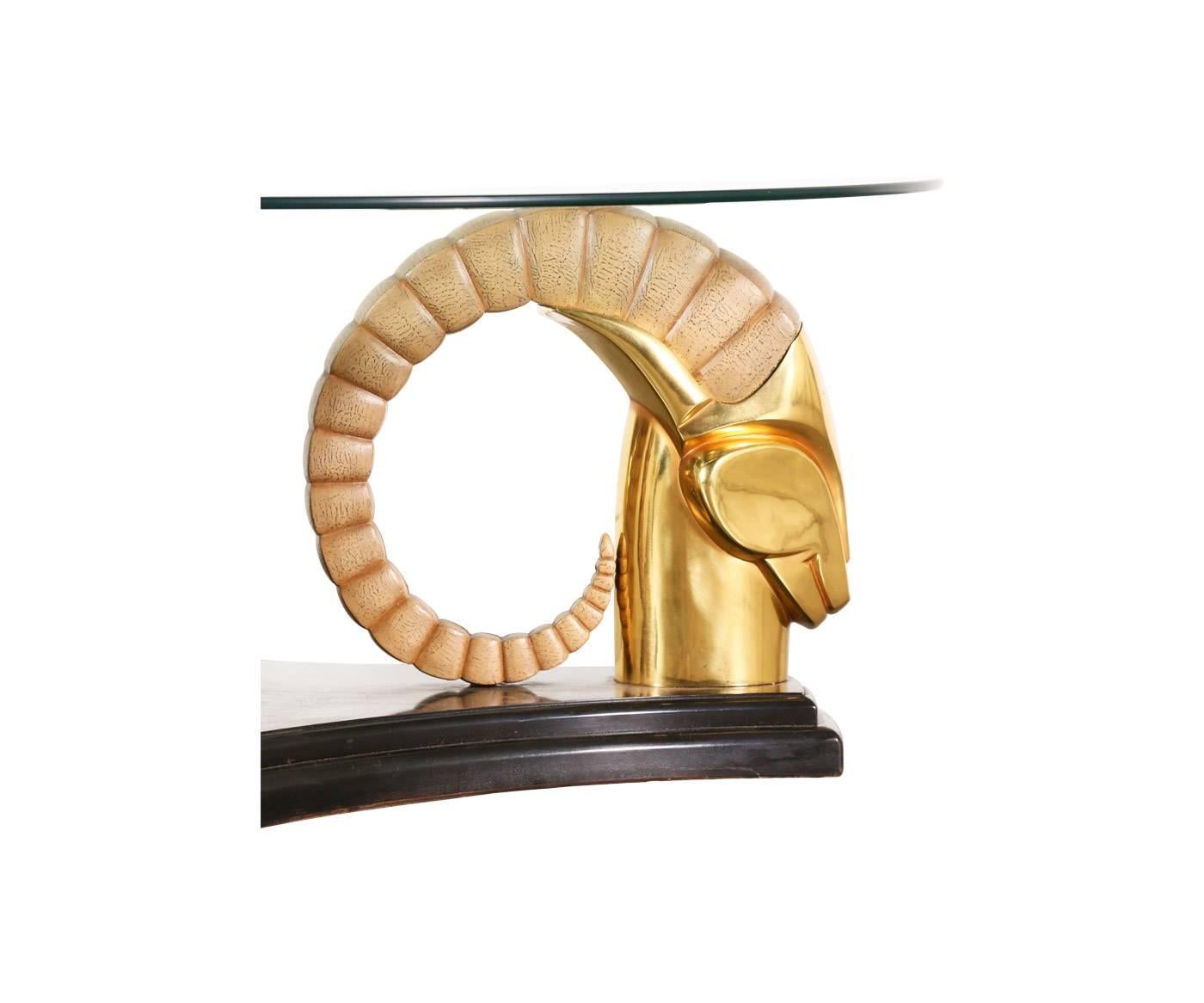 Mid-Century Modern Mid-Century Brass Ram Head Coffee Table with Glass Top