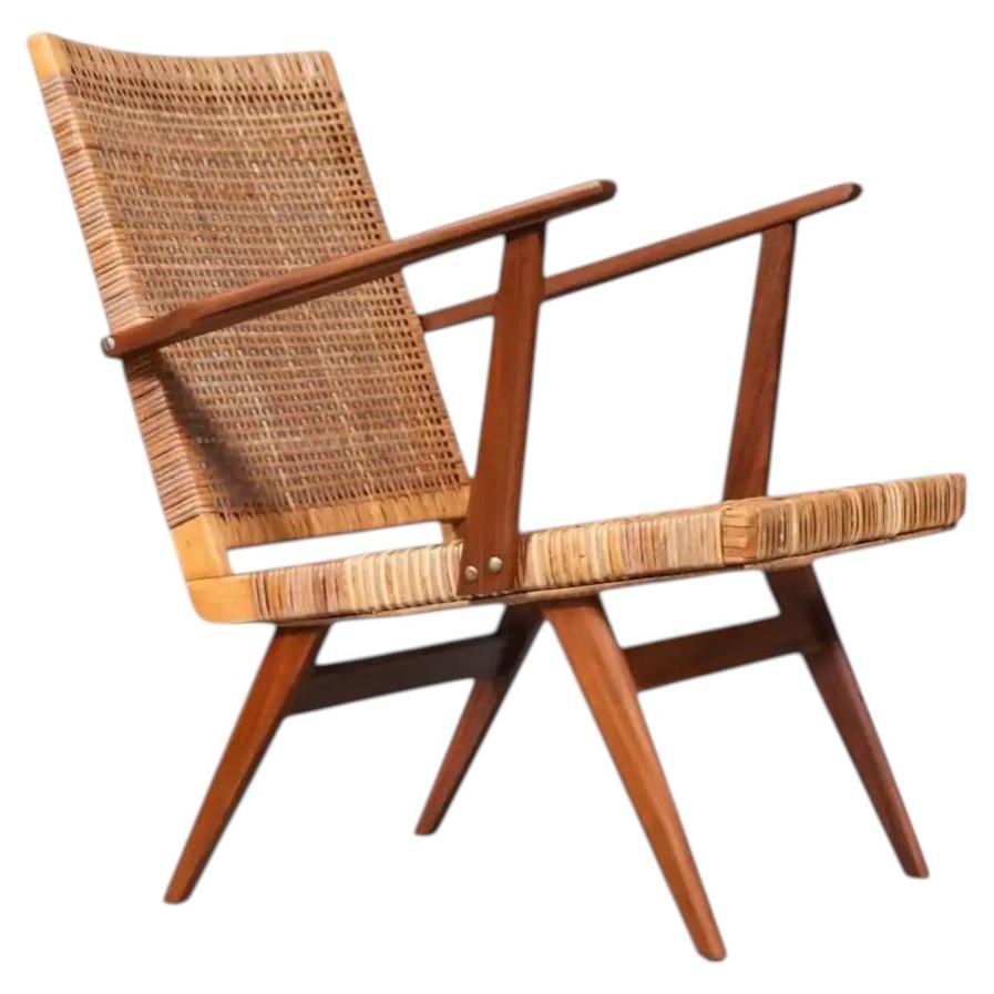 Mid-Century Dutch Modern Cane & Teak Lounge Chair For Sale