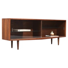 Expertly Restored - Mid Century Modern Low Walnut & Glass Bookcase Credenza