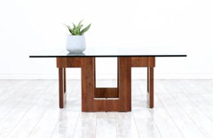 Mid-Century Modern Sculpted Geometric Walnut Coffee Table with Glass Top