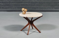 Expertly Restored - Italian Mid Century Sculpted Wood & Travertine Side Table