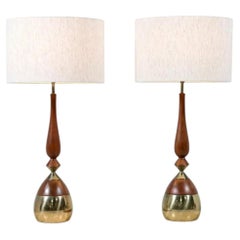 Expertly Restored - Tony Paul Sculpted Walnut & Brass Table Lamps