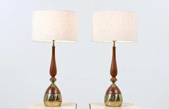 Expertly Restored - Tony Paul Sculpted Walnut & Brass Table Lamps