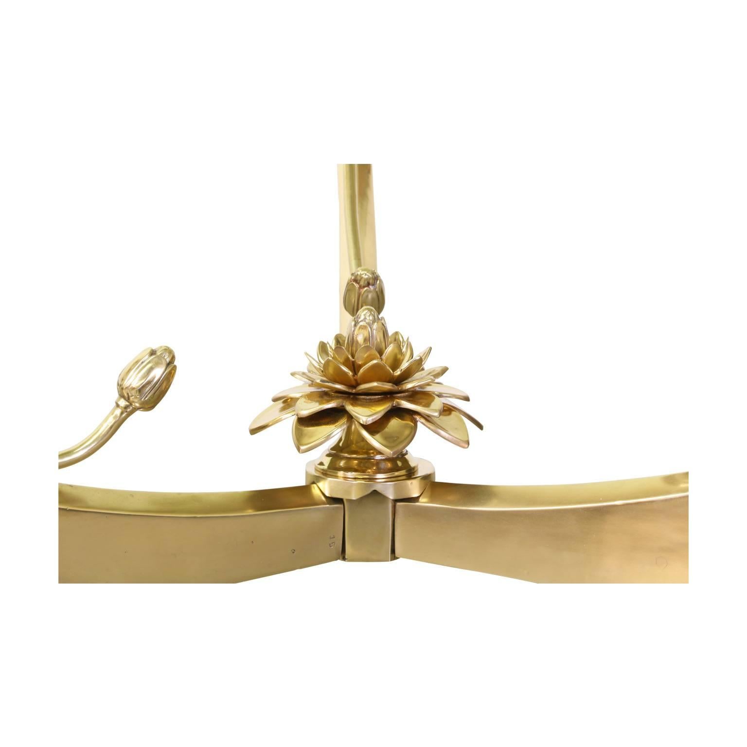 Polished Italian Brass Lotus Coffee Table with Glass Top
