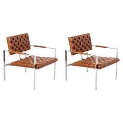 Milo Baughman Sillones de cuero coñac y cromo para Thayer Coggin
