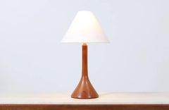Expertly Restored - Danish Modern Sculpted Teak Table Lamp with Cone Linen Shad