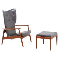 K. Rasmussen Leather and Teak Wingback Lounge Chair with Ottoman