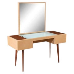 George Nelson Leather & Walnut Illuminated Vanity with Mirror & Ottoman for Herm