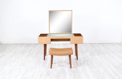 George Nelson Leather & Walnut Illuminated Vanity with Mirror & Ottoman for Herm