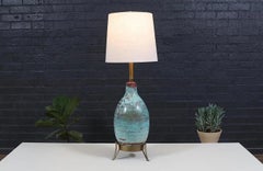 Mid-Century Glazed Ceramic w/ Brass Tripod Base Table Lamp by Marbro