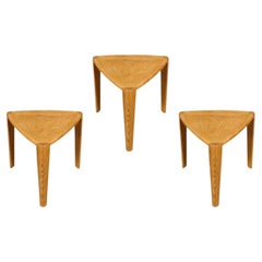 Expertly Restored - Mid-Century Modern Triangular Oak Tri-Leg Side Tables
