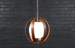 Expertly Restored - Mid-Century Modern Walnut & Brass Orb Pendant Chandelier