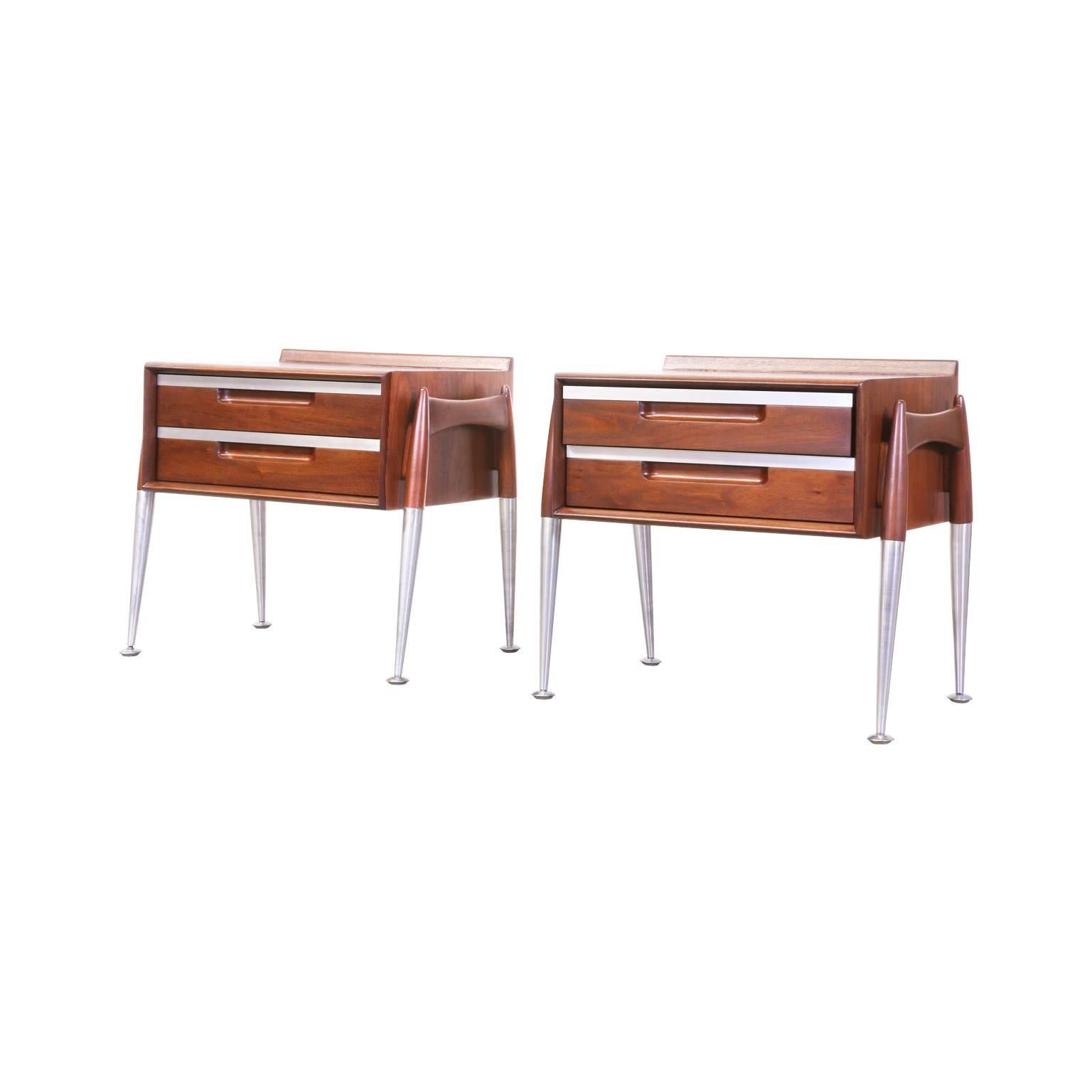 Designer: Unknown
Manufacturer: Unknown
Period/Style: Mid-Century Modern
Country: United States
Date: 1960s

Dimensions: 13.75″H x 23″W x 16″D
Materials: Walnut, Steel
Condition: Excellent – Newly Refinished 
Number of Items: 2
ID Number: