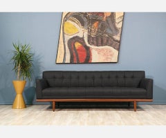Mid-Century Tufted Black Leather Sofa