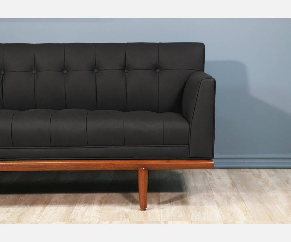 American Mid-Century Tufted Black Leather Sofa