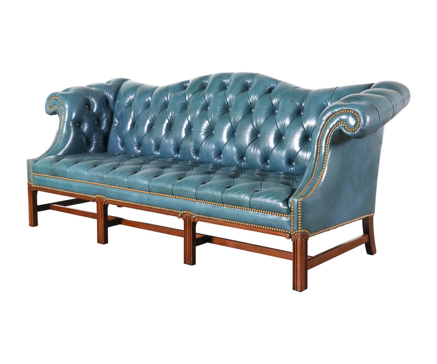 Designer: Unknown.
Manufacturer: Unknown.
Period/style: Chesterfield.
Country: England.
Date: 1960s.

Dimensions: 33.5″ H x 81″ L x 30.5″ W.
Seat height 16″.
Materials: Original leather shows beautiful patina.
Condition: Shows minor wear