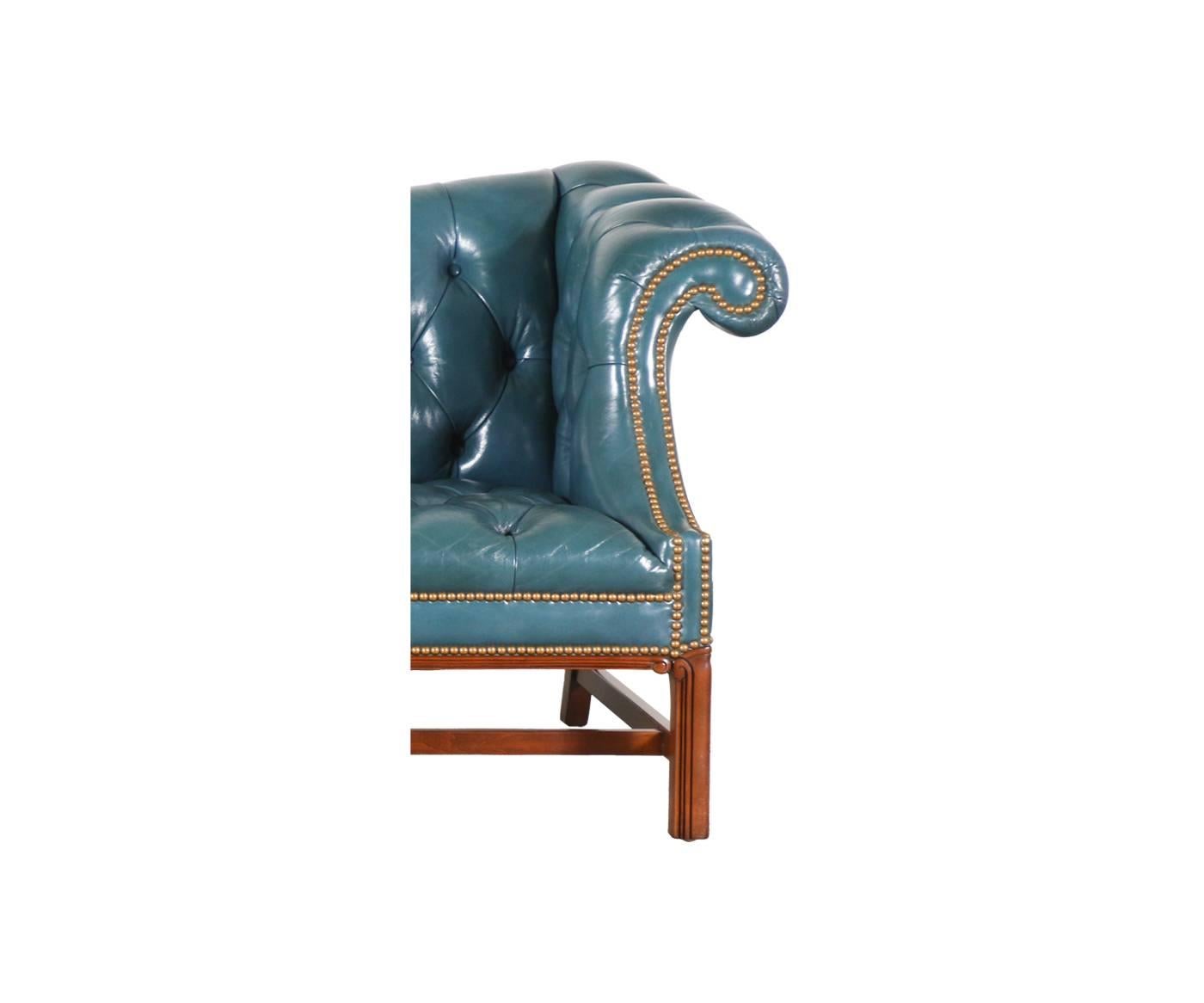 Mid-20th Century Vintage English Leather Teal Blue Chesterfield Sofa