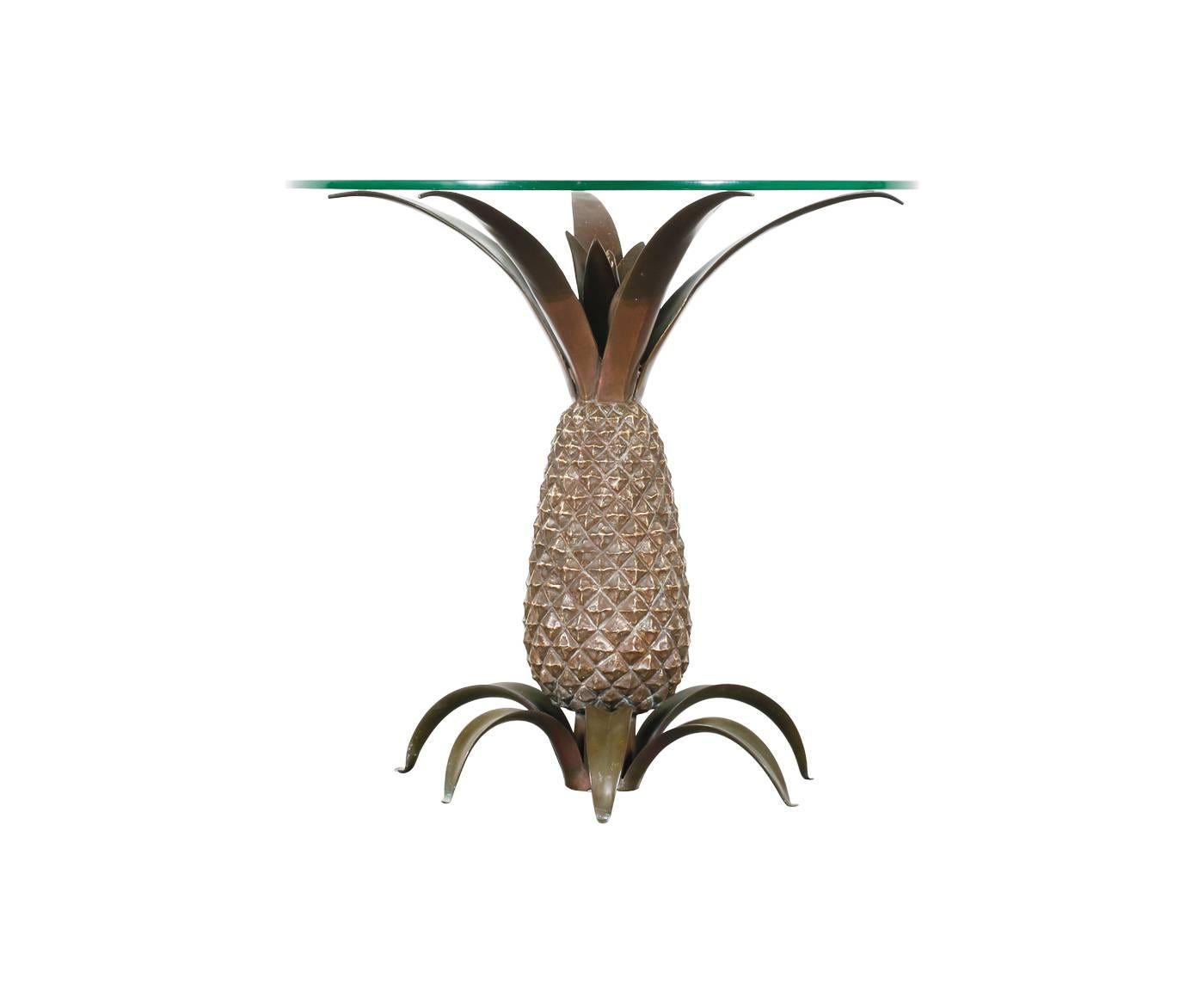 American Vintage Bronze Pineapple Side Table with Glass Top