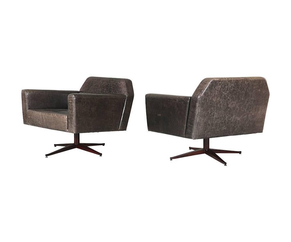 American Elephant Grey Leather Swivel Lounge Chairs