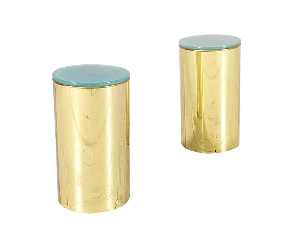 Designer: Curtis Jere
Manufacturer: Artisan House
Period/Style: Mid-Century Modern
Country: United States
Date: 1970s

Dimensions: 21 H x 12 W
Materials: Brass base, new glass tops
Condition: Both pedestals show wear from age and use
Number