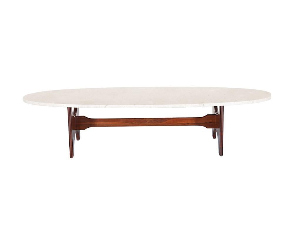 Period/Style: Mid-Century Modern
Country: United States
Date: 1960s

Dimensions: 14.75 H x 22.5 W x 66 L
Materials: Walnut wood, marble-top
Condition: Excellent, newly refinished and original top
Number of items: 1
ID number: PENDING.