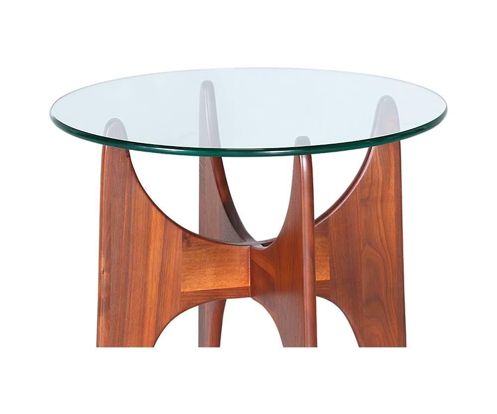 Designer: Adrian Pearsall
Manufacturer: Craft Associates
Period/Style: Mid-Century Modern
Country: United States
Date: 1950s

Dimensions: 24.75 H x 22 D
Materials: Walnut wood, glass top
Condition: Excellent, newly refinished and original