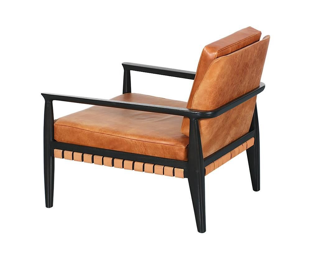 American Mid-Century Ebonized Wood and Leather Lounge Chair