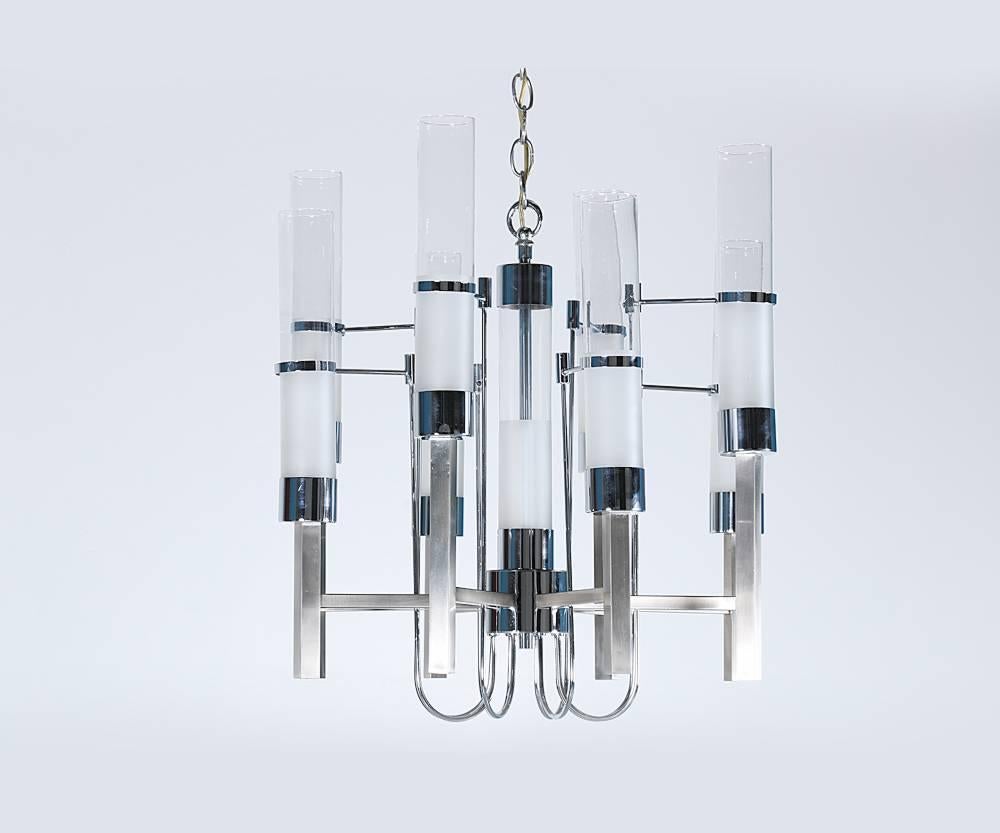 Mid-Century Chrome and Glass Nine-Light Chandelier In Excellent Condition In Los Angeles, CA