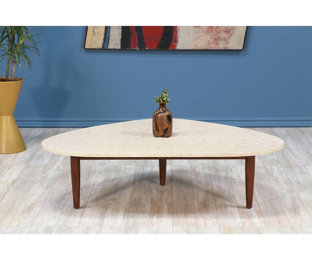 Period/Style: Mid-Century Modern
Country: United States
Date: 1960s

Dimensions: 15?H x 54?W x 36?D
Materials: Original travertine top, walnut base
Condition: Excellent, newly refinished
Number of items: One
ID number: Pending.