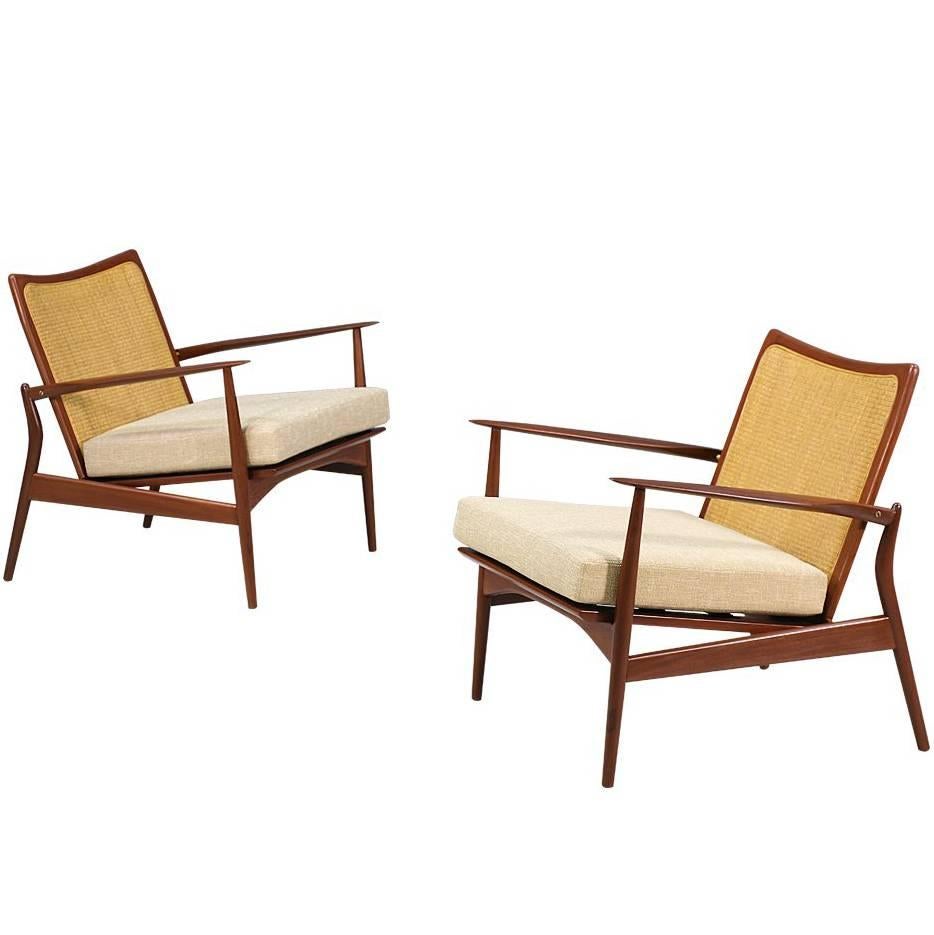 Ib Kofod Larsen “Spear” Teak Lounge Chairs with Cane Backrest