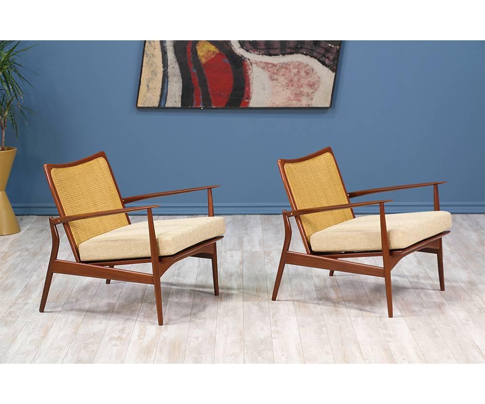 Mid-Century Modern Ib Kofod Larsen “Spear” Teak Lounge Chairs with Cane Backrest