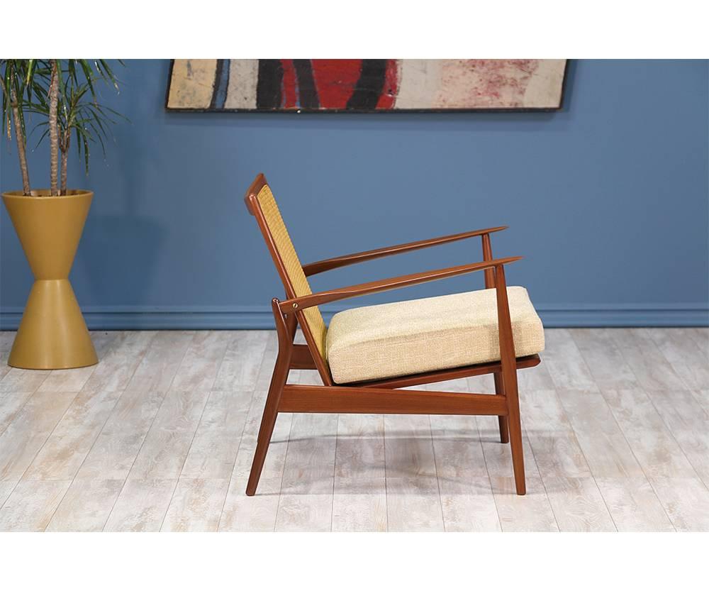 Danish Ib Kofod Larsen “Spear” Teak Lounge Chairs with Cane Backrest