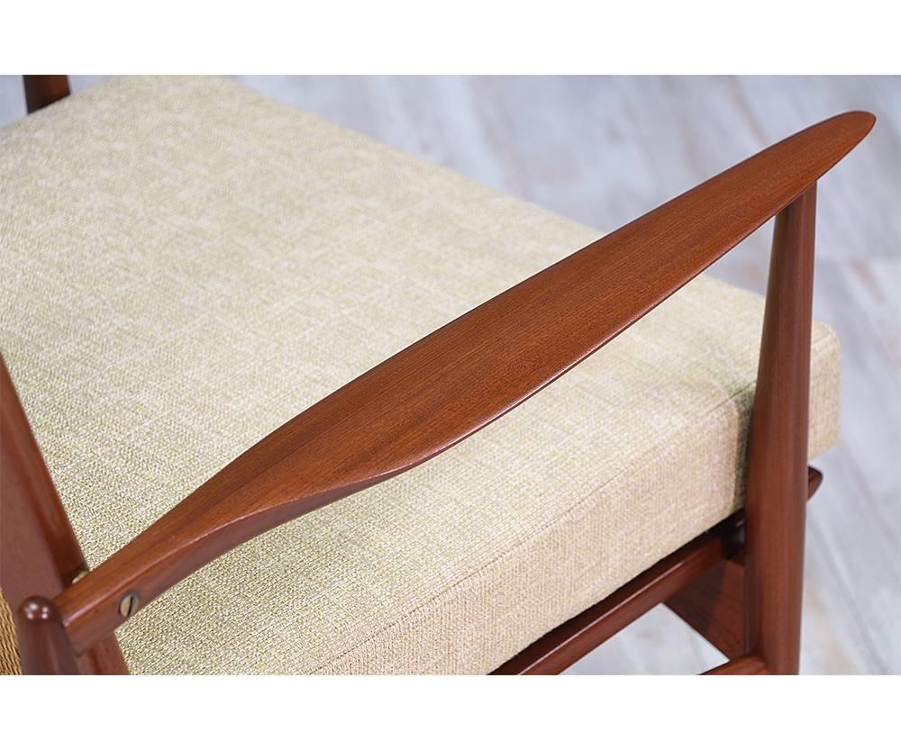 Brass Ib Kofod Larsen “Spear” Teak Lounge Chairs with Cane Backrest