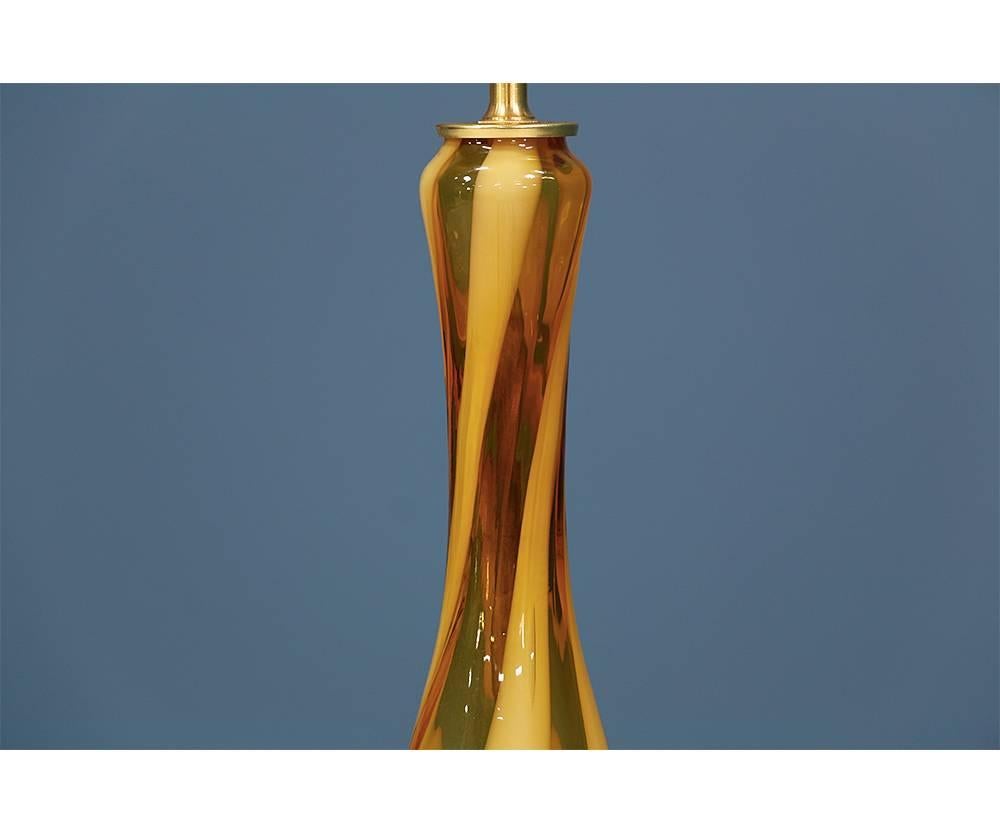 American Midcentury Swirl Murano Amber Glass Table Lamps