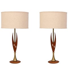 Mid Century Sculpted Walnut & Inlaid Tile Table Lamps