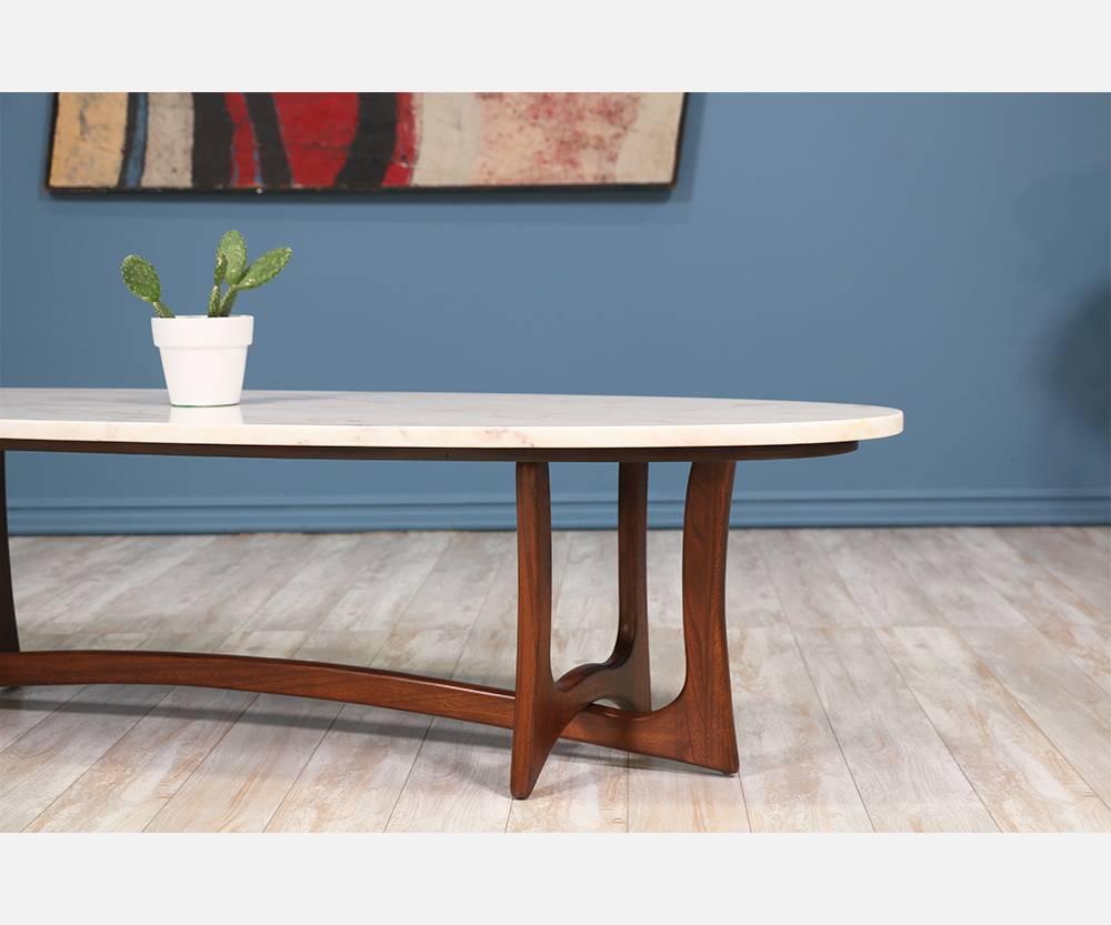 American Midcentury Sculpted Walnut Coffee Table with Marble Top
