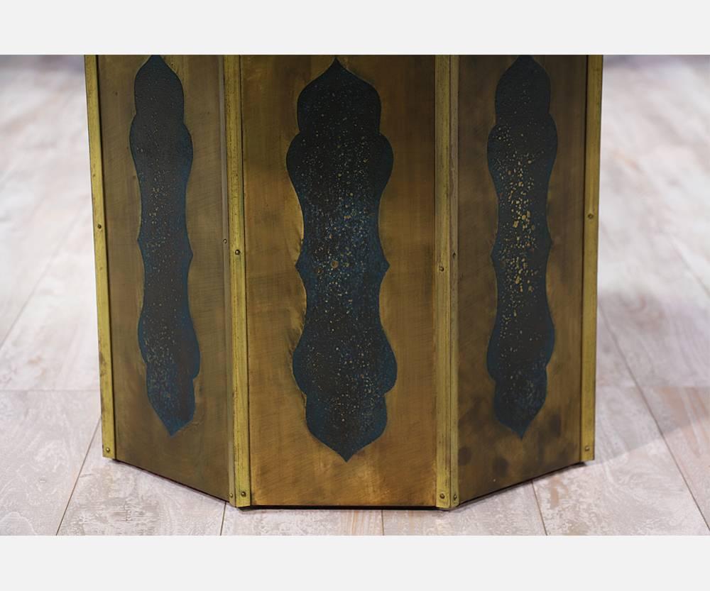 Signed Philip and Kelvin LaVerne “Chan” coffee table with Asian palace motif featuring an acid-etched top of polychromed patinated bronze, pewter and enamel. The octagonal bronze base features enameled insets. Makes for a spectacular focal point to