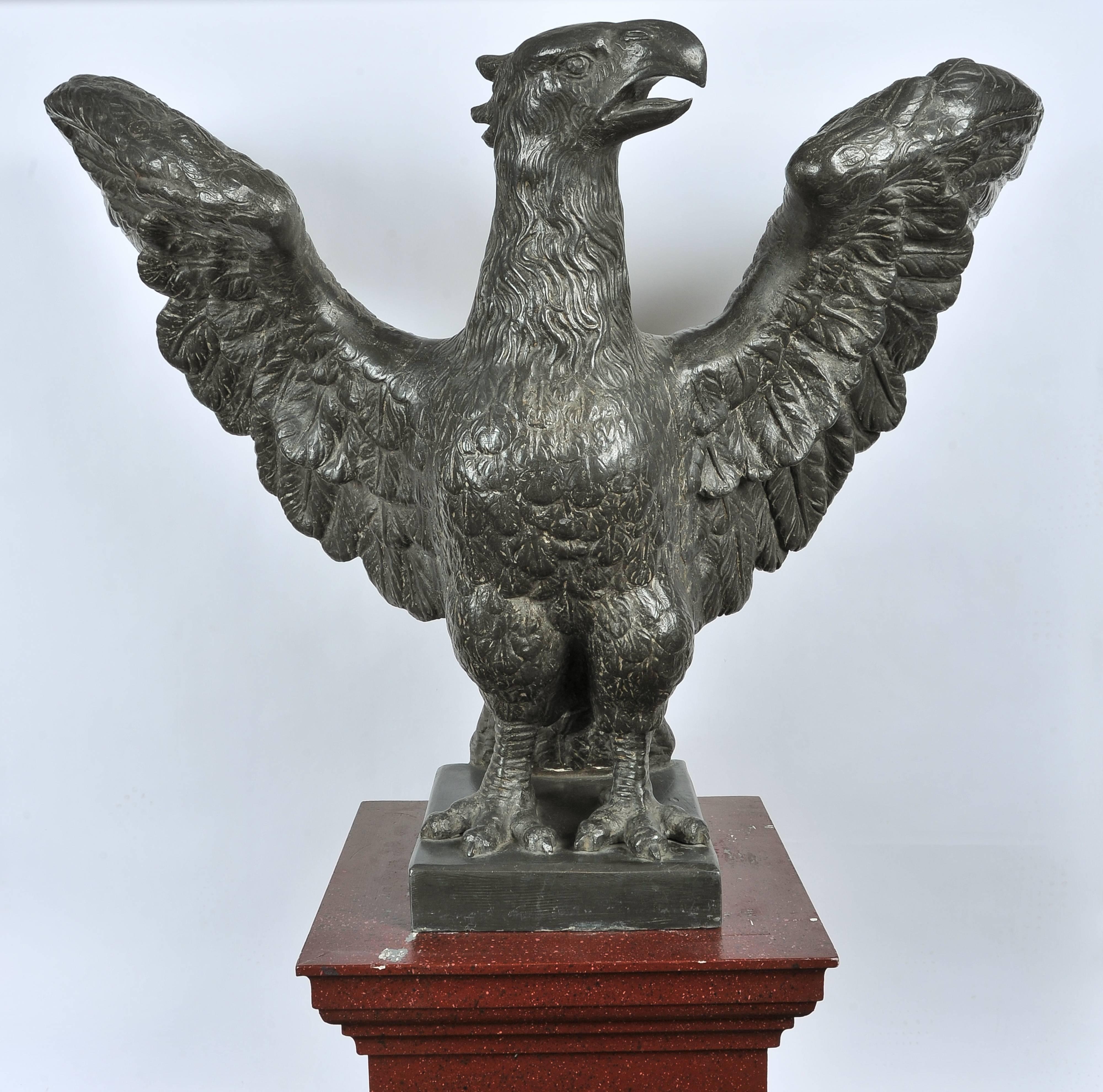 European Pair of 18th Century Lead Eagles on Red Painted Pedestals