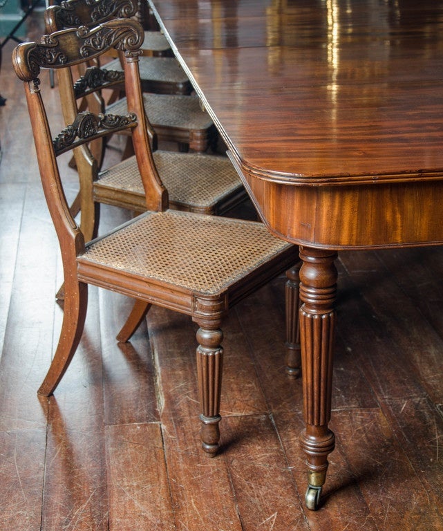 A superb and extremely elegant Regency period mahogany extending dining table attributable to Gillows of Lancaster. standing on slender turned and reeded tapering legs, terminating in brass cap castors. This wonderful table can be reduced to two