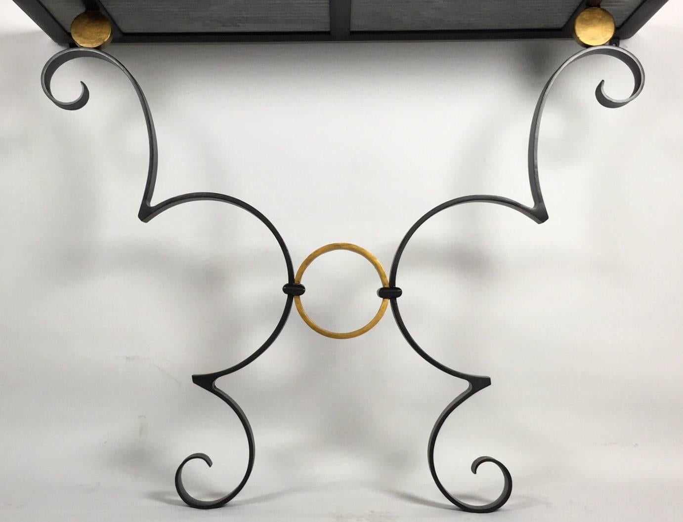 English Handmade Iron Work Black and Gold Console Table with White Carrara Marble Top For Sale