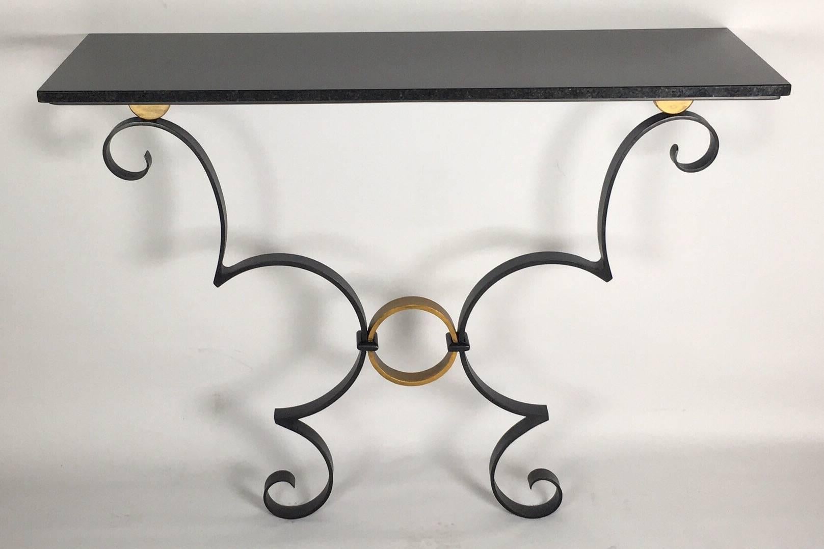 Handmade Iron Work Black and Gold Console Table with White Carrara Marble Top In Excellent Condition For Sale In London, GB
