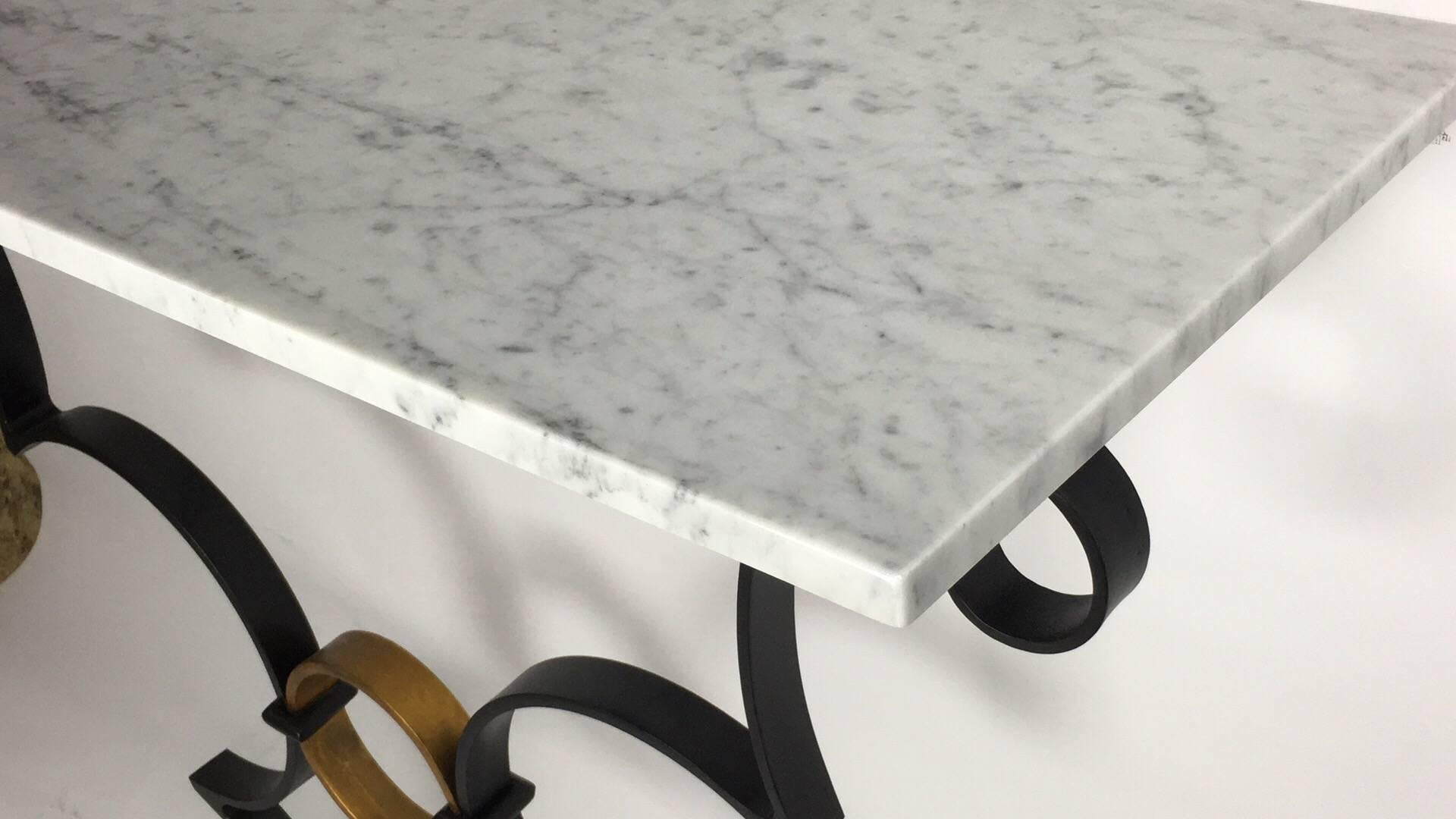 Handmade Iron Work Black and Gold Console Table with White Carrara Marble Top For Sale 1